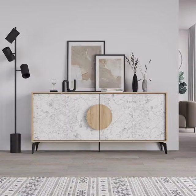Madia Gora 180 cm struttura colore rovere con ante carrara effetto marmo bianco