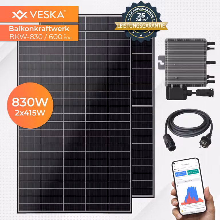 Centrale elettrica da balcone 830 W / 800 W Impianto solare fotovoltaico pronto per la connessione WIFI Smart mini impianto fotovoltaico 800 watt senza licenza, nero