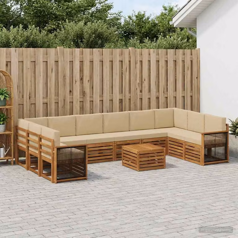 Set di divani da esterno vidaXL in legno di acacia con cuscini, 11 pezzi, Beige e Marrone