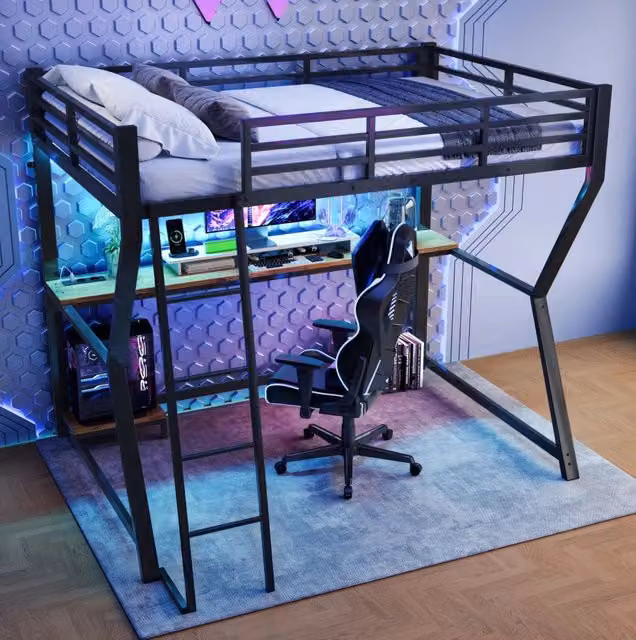 Letto a soppalco ULEVR 90x200 cm con luce LED, scrivania, prese USB e struttura nera