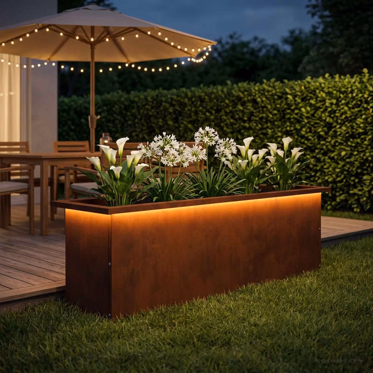 Fioriera da giardino con LED vidaXL in acciaio, colore marrone, L 100 x P 30 x H 30 cm