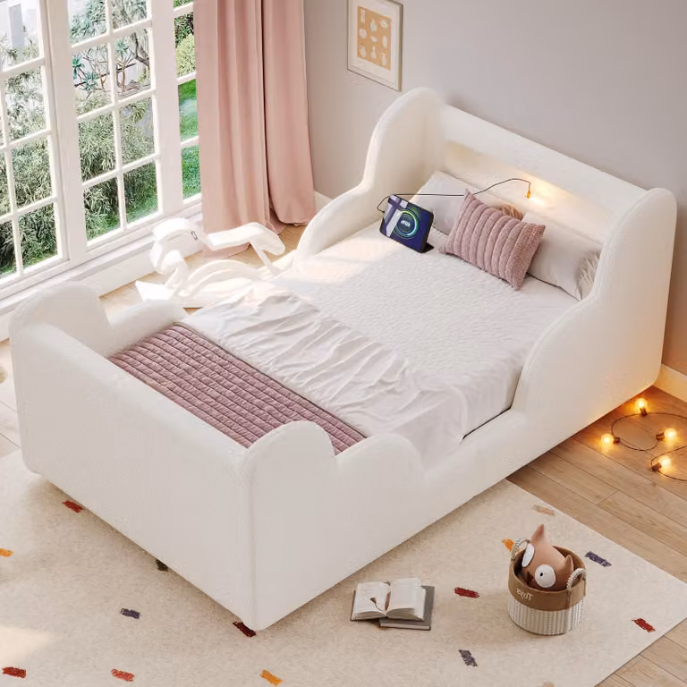Letto per bambini imbottito Merax 90x200 cm con spondine di protezione, luce notturna, letto singolo con porte USB e Type-C, vani portaoggetti, rivestimento in velluto, letto Montessori, bianco