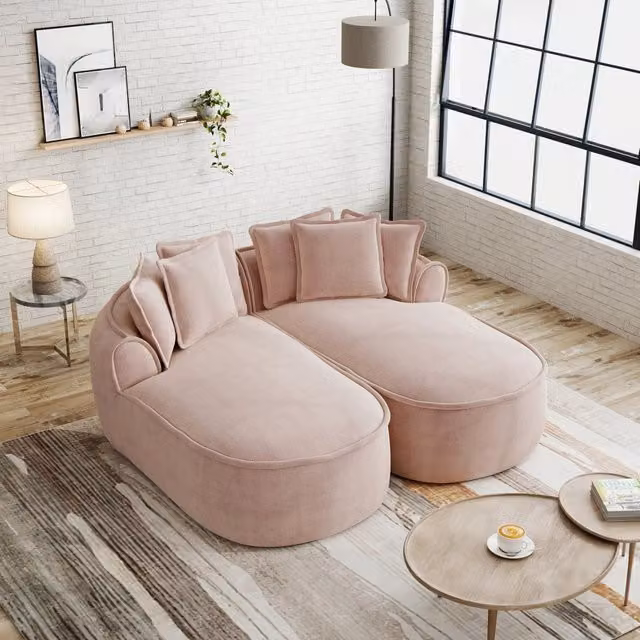 Divano letto modulare MIVRAY in velluto rosa con funzione letto e cuscini inclusi
