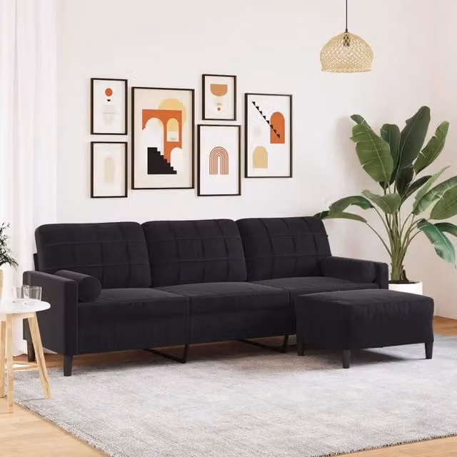 Divano a 3 posti vidaXL in velluto nero con poggiapiedi coordinato e struttura in metallo per soggiorno o giardino L: 226 cm, P: 80 cm, H: 77 cm