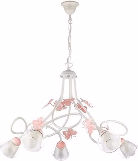 Lampadario a sospensione Butterfly rosa con 5 luci E14 in metallo e vetro