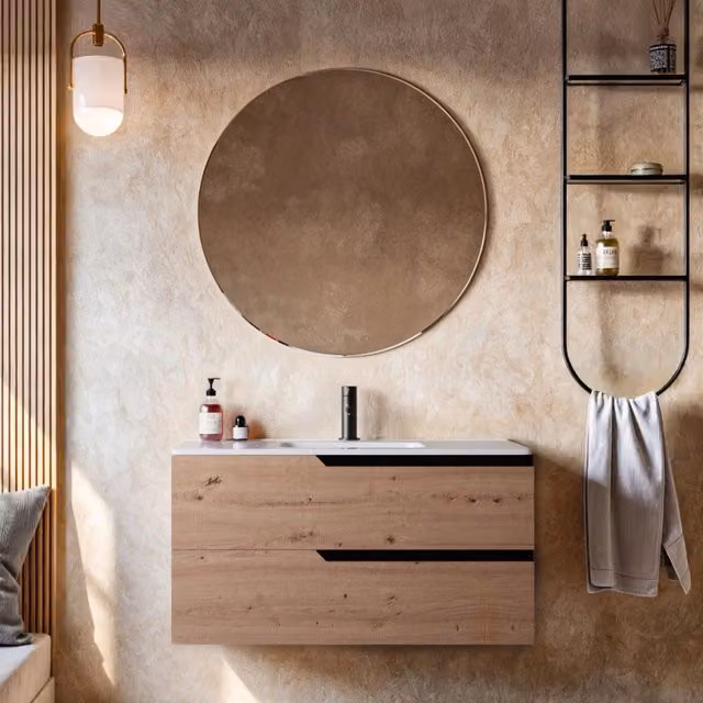 Mobile bagno 100cm sospeso rovere cartagena - jaguar, selezione accessori con specchio
