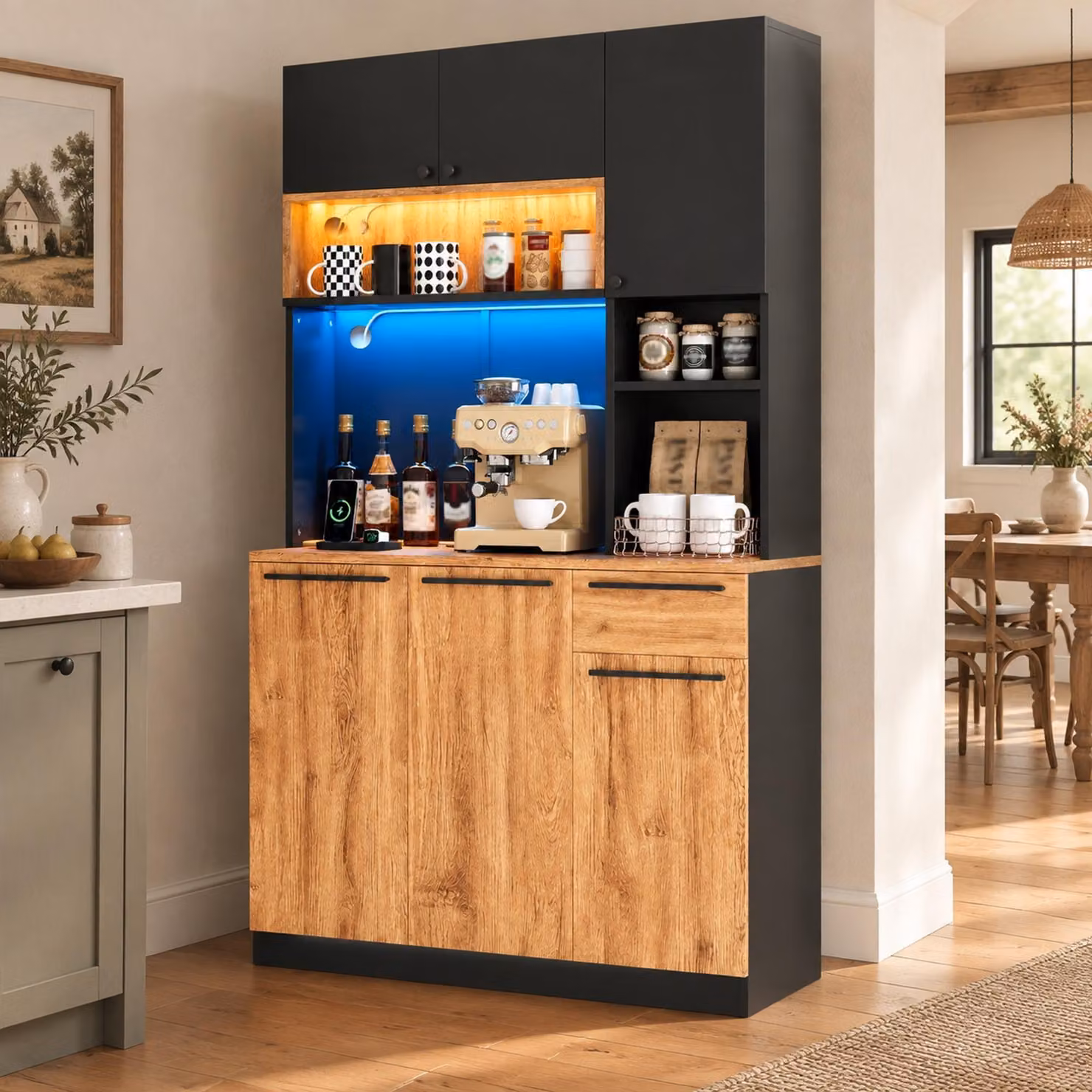 Mobiletto alto STILVORA con 6 ante e 1 cassetto, mobile da cucina con illuminazione a LED e prese elettriche, mobiletto buffet con spazio contenitivo, colore bianco