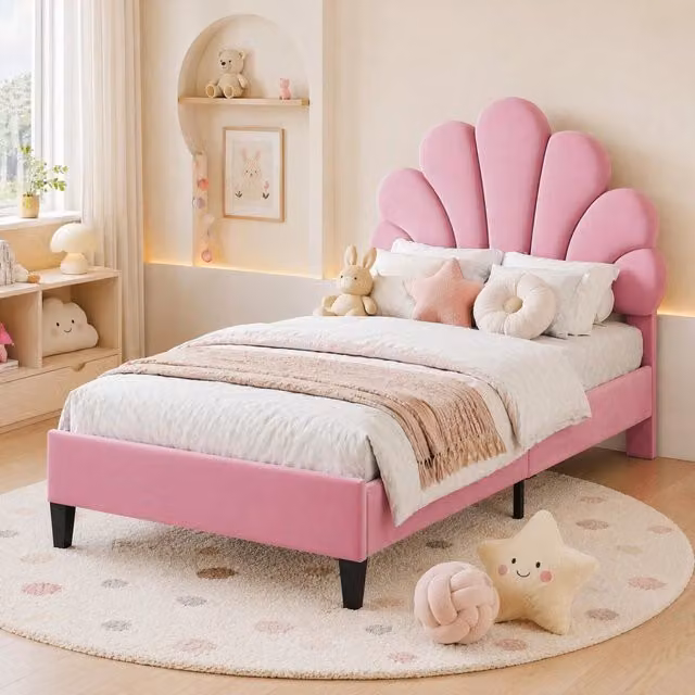 Letto singolo imbottito 90 × 200 cm con testiera a fiore rete a doghe in velluto rosa struttura robusta