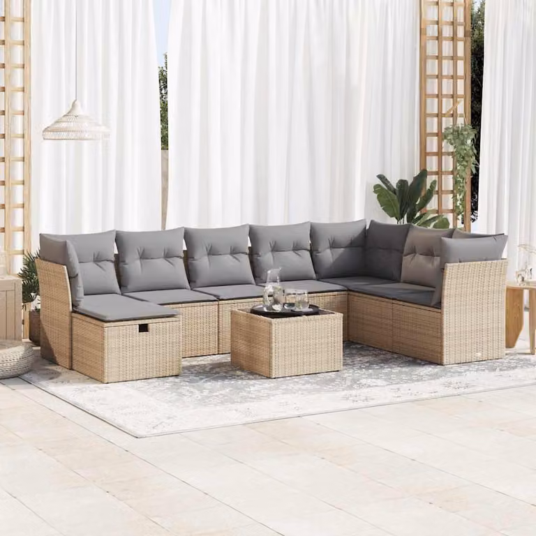 Set Divano da Giardino vidaXL 9 pz in Polyrattan Beige con Cuscini e Tavolino da Esterno