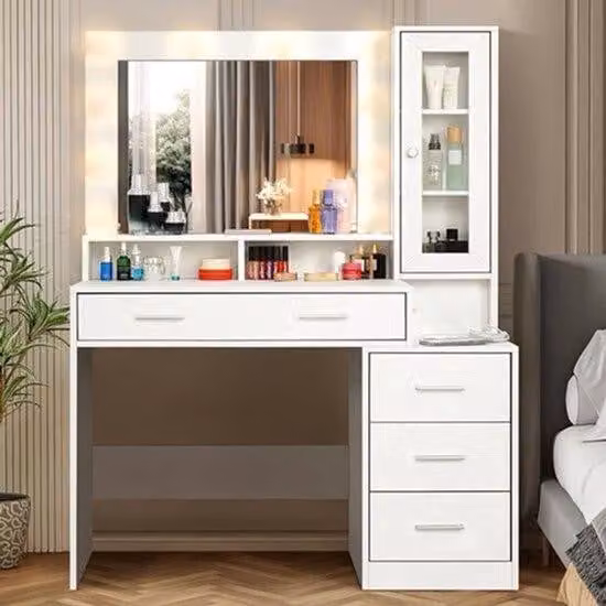 Comò da trucco – Ampio specchio – 5 cassetti – Piano in vetro – 101x40x143 cm – Autoportante – Bianco