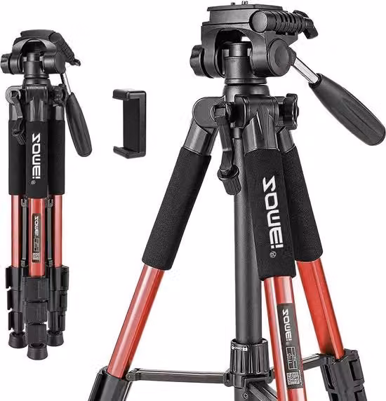 Stativo fotografico flessibile da 55 pollici in alluminio con pannello e supporto per smartphone, colore rosso