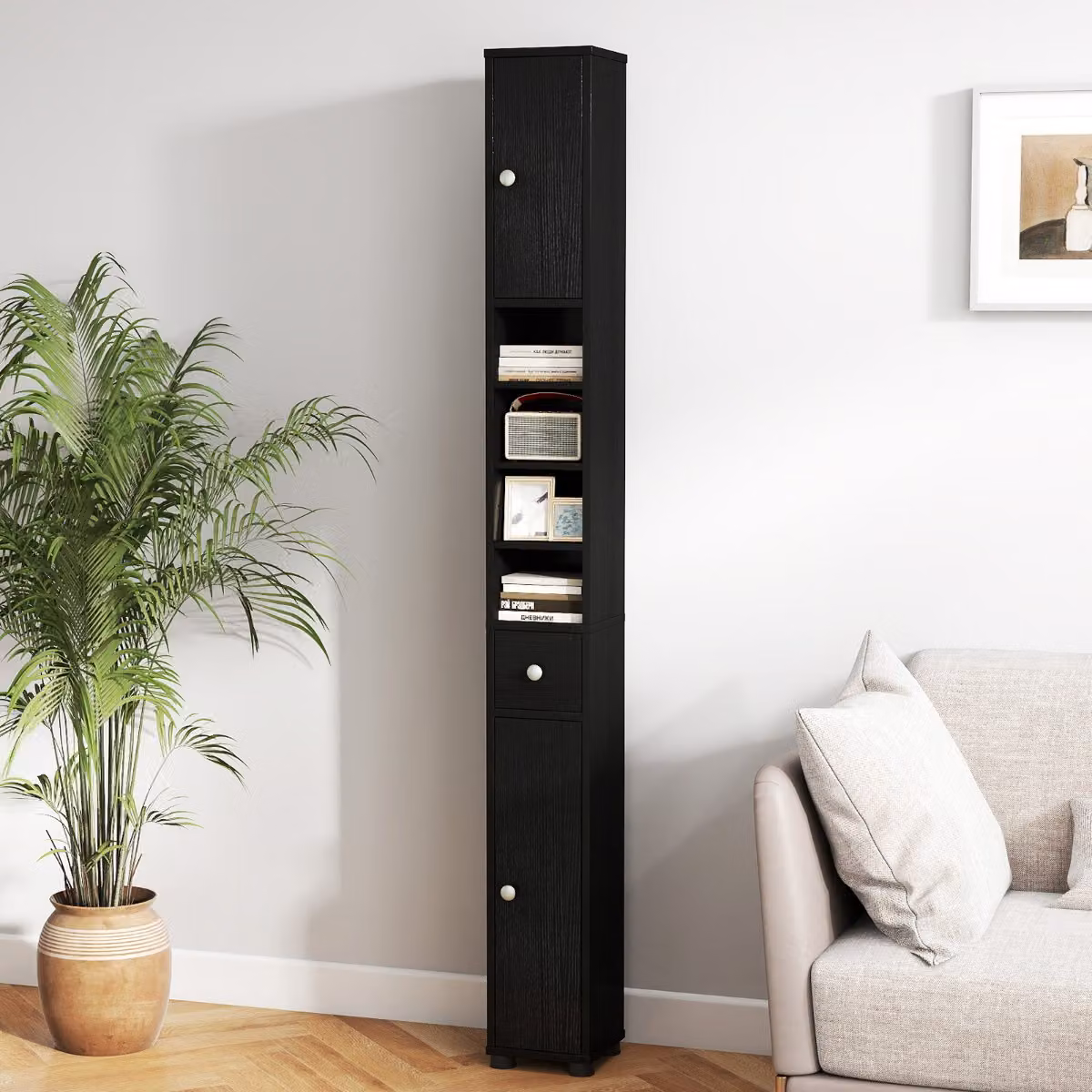 Armadio da bagno alto slim Costway con 1 cassetto e 5 ripiani regolabili, colore nero opaco