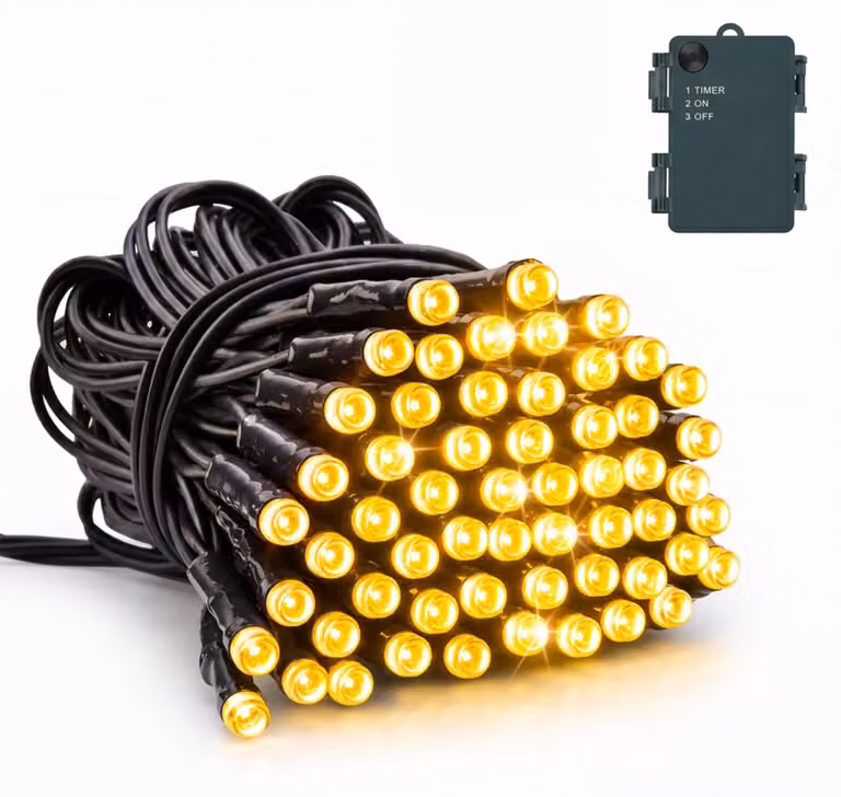 Catena luminosa a batteria, 5 metri, 50 LED bianco caldo, con timer, grado di protezione IP65