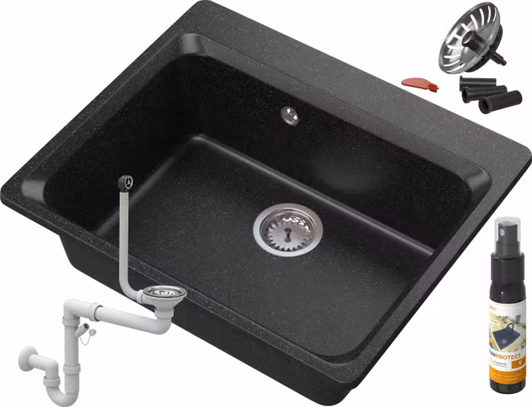 Granitan - Lavello in granito - Lavandino 61,9x52,2 cm - Nero marmorizzato - con sifone - ZANTE