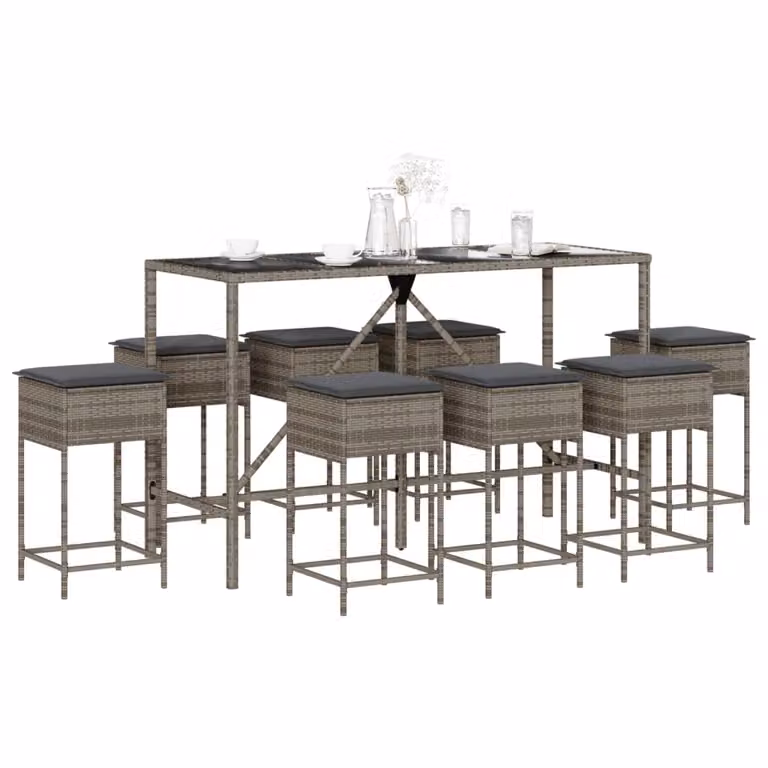 Set Bar da Giardino vidaXL in Polyrattan e Metallo con Cuscini, 9 Pezzi, Grigio e Nero