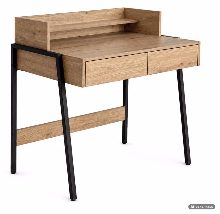 Scrivania industriale per computer Rovere Artisan FLUX 78 cm 2 cassetti 1 ripiano gambe nere
