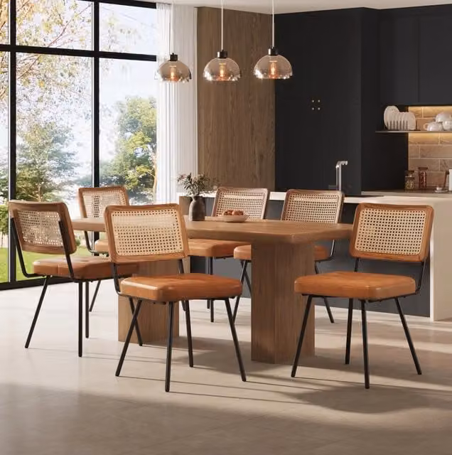 Sedia da pranzo 61x46x79 cm ergonomica con schienale in PE rattan; PU e metallo marrone