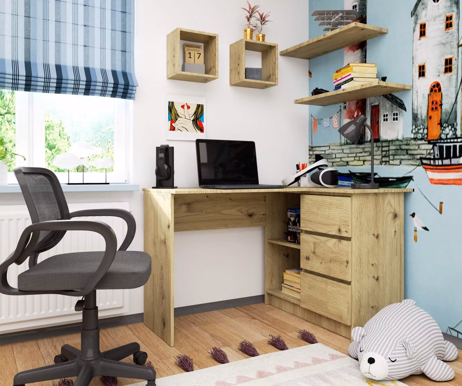 Scrivania angolare da 124 cm con 3 cassetti, scrivania per computer a forma di L, mobile angolare a 2 scomparti