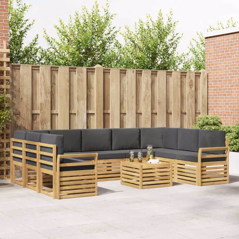 Set di divani da esterno vidaXL 10 pezzi a forma di L con tavolino da caffè, struttura in legno di acacia e cuscini in poliestere bianco e antracite