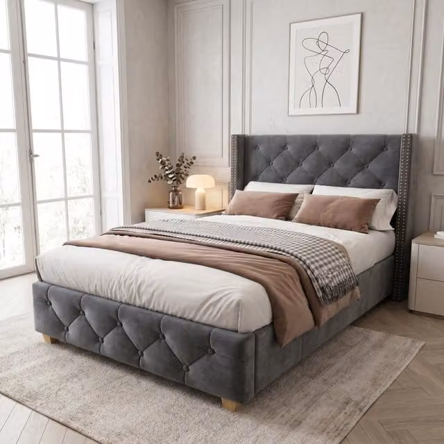 Letto imbottito moderno CIPACHO in velluto grigio L: 100 cm, P: 205 cm