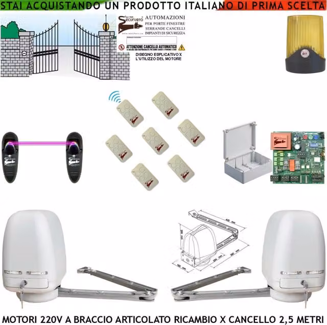 Automatismo Braccio Articolato 2 Motori 220 V Spinta 250 NM Apricancello 2 Ante da 0,5 Fino a 2,5 Metri Centrale 7 Radiocomandi Fotocellule Automazione