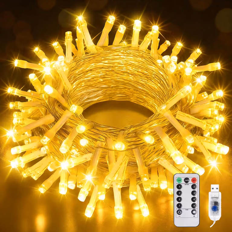 Catena luminosa a LED, 10 metri, 100 LED bianco caldo, alimentazione USB, telecomando, timer
