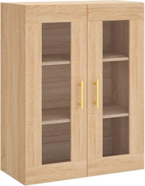 Pensile da parete moderno in legno composito rovere e vetro con ante in vetro, colore marrone, L: 69,5 cm, P: 34 cm, H: 90 cm