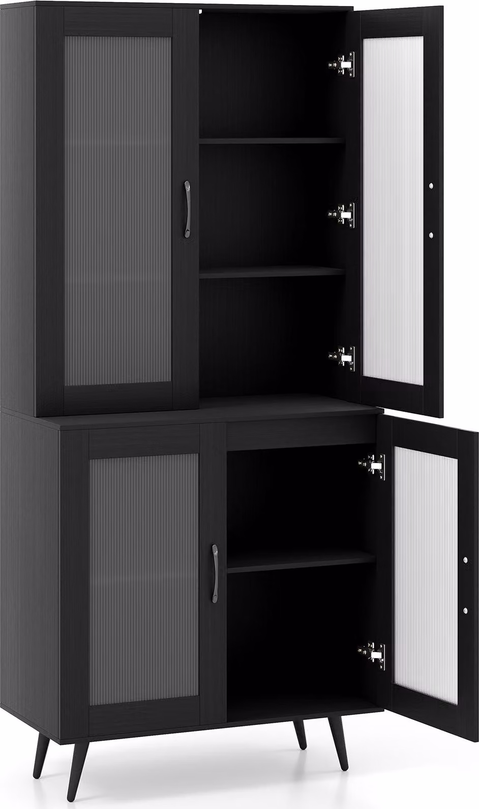 Armadio alto per la cucina, 178,5 cm, mobile contenitore con 4 ante trasparenti, ripiano regolabile, gambe in metallo, sistema di sicurezza anticaduta, scaffale, colore nero
