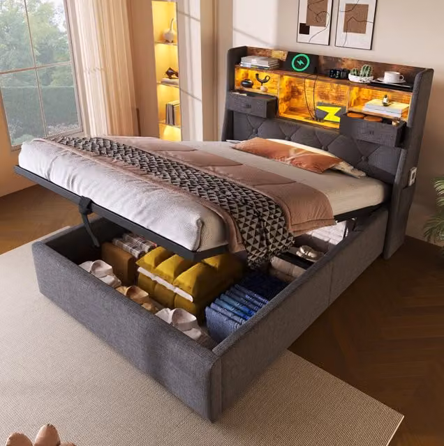 Letto singolo imbottito 90x200 cm con contenitore idraulico, testiera LED e 4 stazioni di ricarica (USB/Type-C), con rete a doghe e materasso grigio in lino
