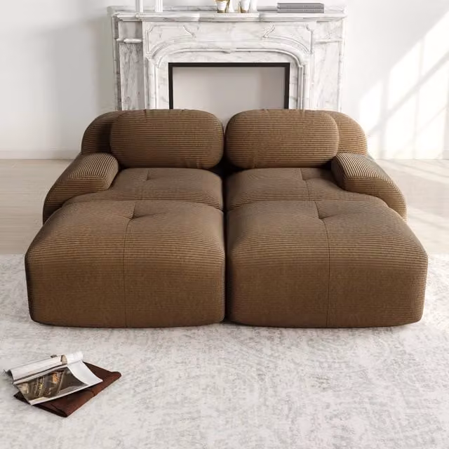 Divano 2 Posti in Tessuto a Coste con Chaise Longue ¨C MINIMAL ¨C Marrone, Braccioli Ergonomici, Modulare