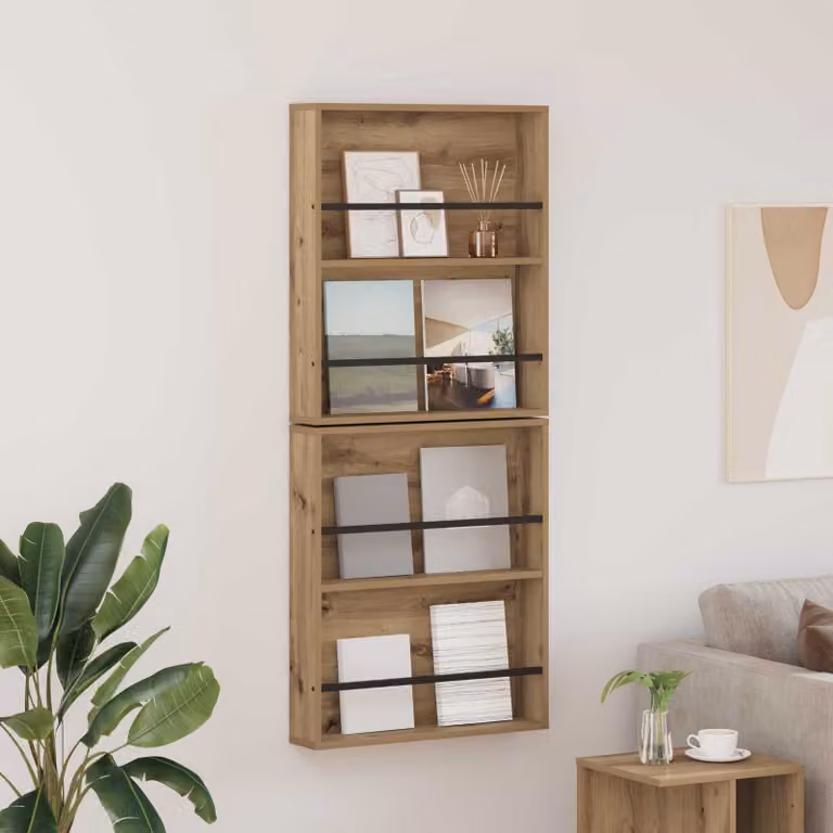 Set di 2 Scaffali per riviste vidaXL in stile moderno, colore marrone, con ripiani regolabili e montaggio a parete, L: 60 cm, P: 12 cm, H: 70 cm