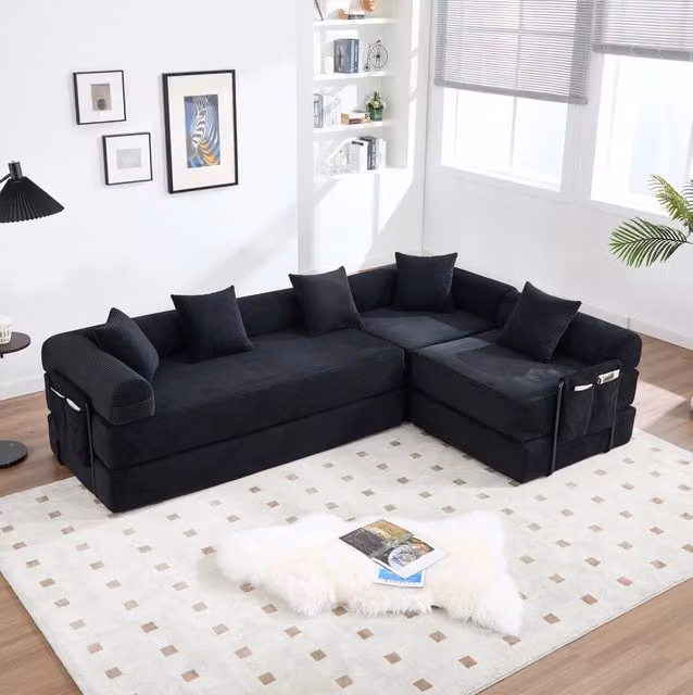 Divano angolare modulare 270x180x64 cm in velluto nero con vano laterale, per soggiorni piccoli