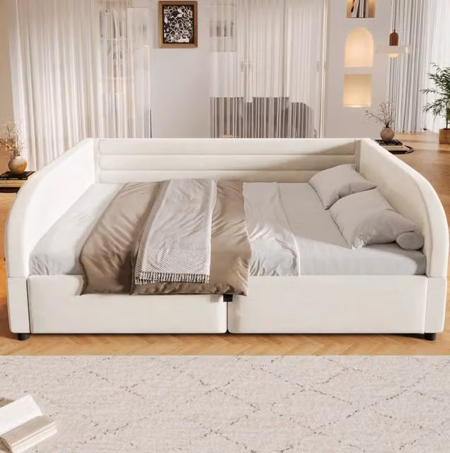 Letto imbottito ULEVR 140x200 cm con contenitore idraulico e LED RGB, flanella beige