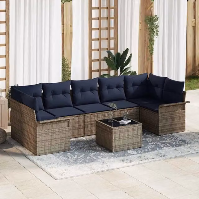 Set Divano da Giardino 8 pz Grigio e Blu Navy polyrattan 3353954