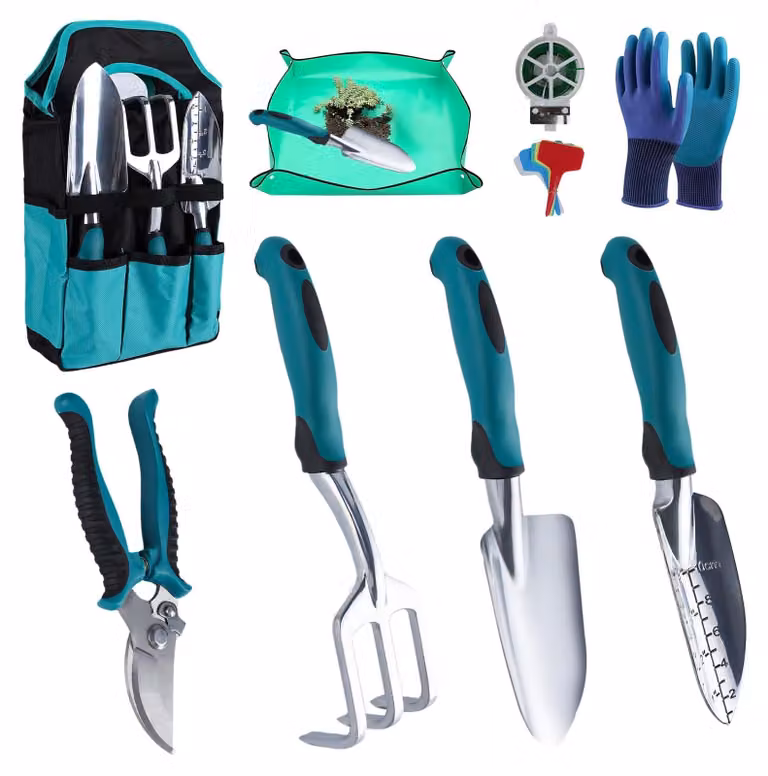 Set di attrezzi da giardino - 9 pezzi - Alluminio con borsa e tappetino - Nero e grigio - Per piante e cura del verde