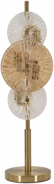 Lampada da tavolo Osaka in metallo oro e vetro trasparente con dischi decorativi, Altezza: 66 cm