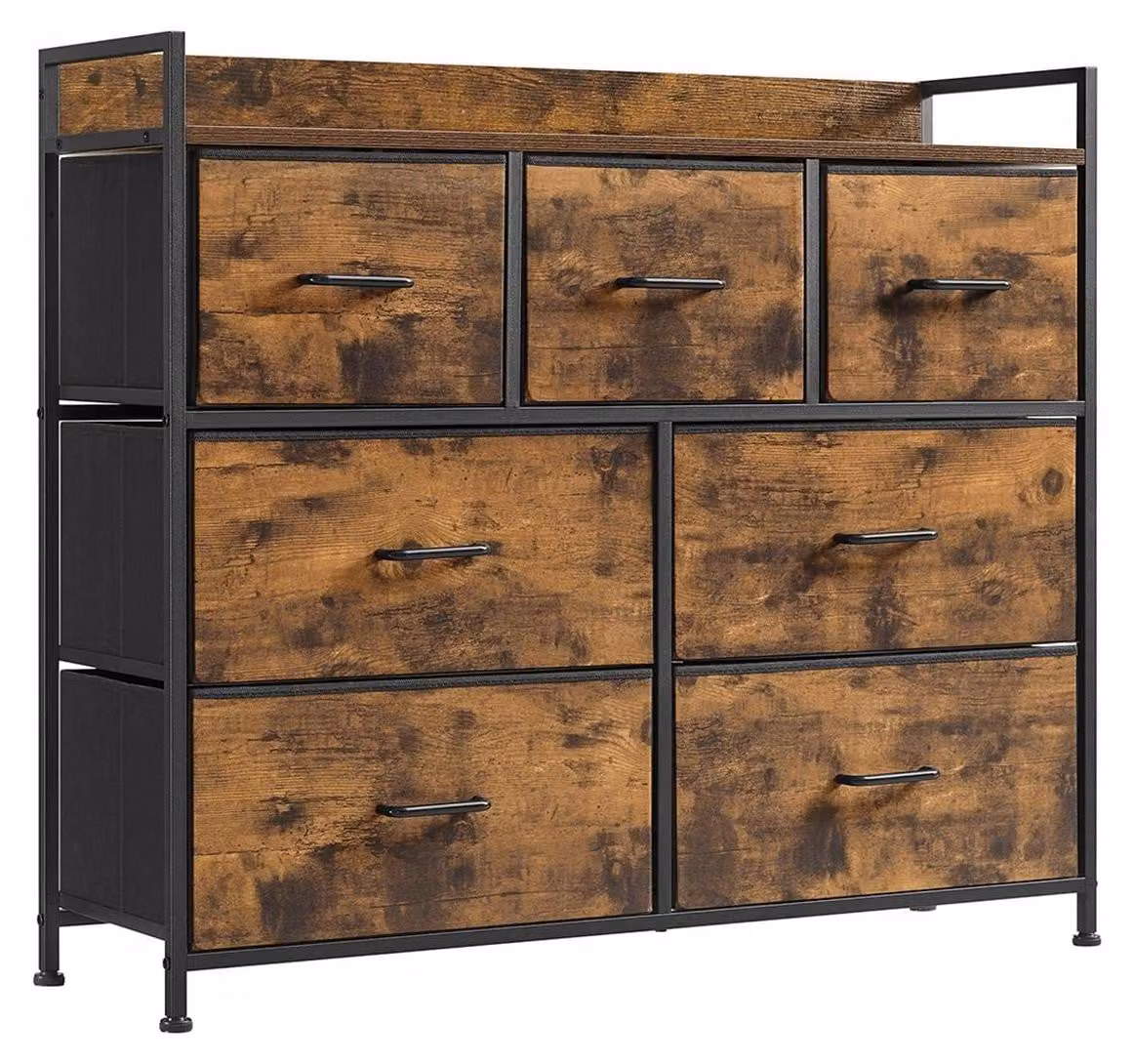 Comodino vintage bicolore, marrone scuro e nero, con 7 cassetti – MDF – 98 x 28,5 x 85 cm