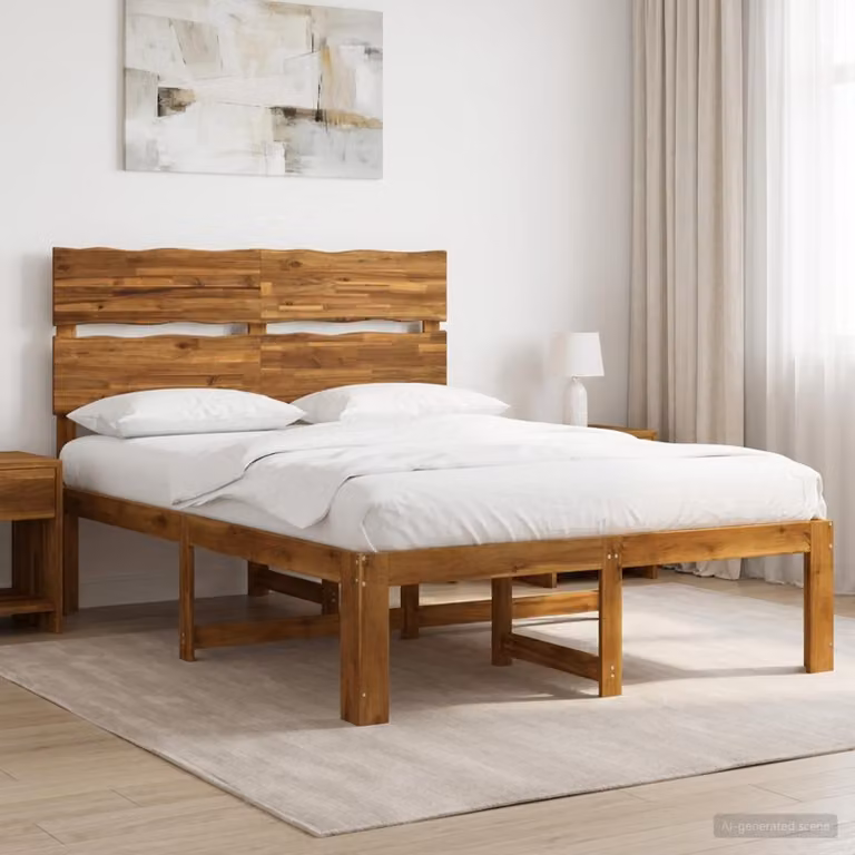 Letto matrimoniale con testiera vidaXL ROSTOCK in legno di acacia naturale, colore marrone, L: 152 cm, P: 203 cm, H: 115 cm