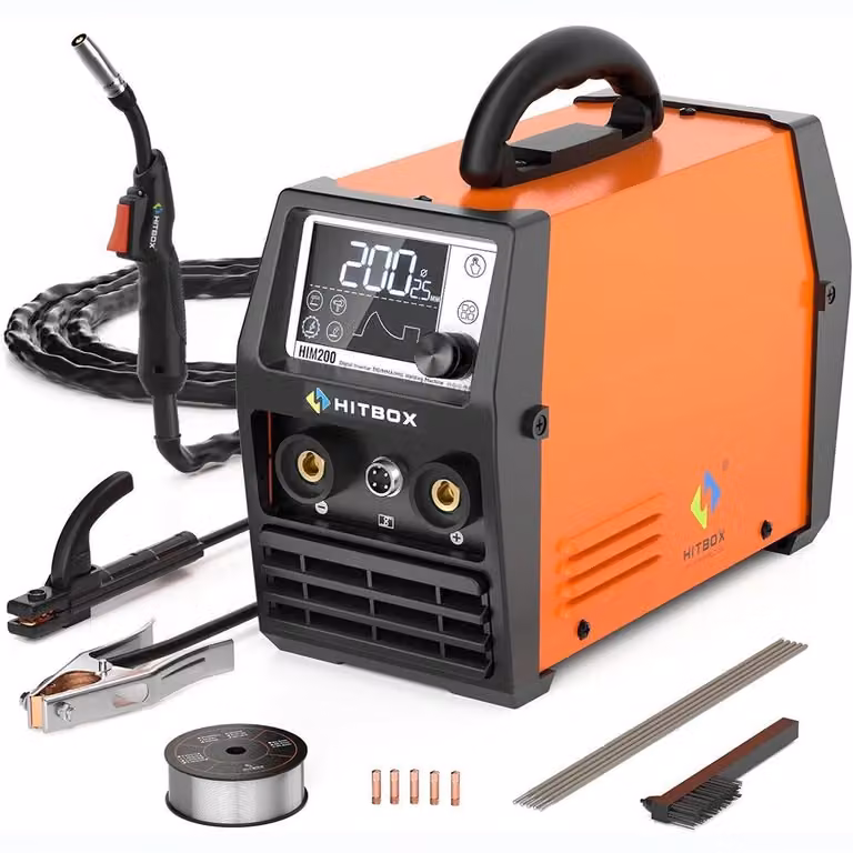 Saldatrice MIG 200A - Inverter HIM200 - 4-in-1 MIG/MMA/TIG (con sollevamento dell'arco)/Saldatura con pistola avvolta - Saldatura con filo animato senza gas - Alimentazione automatica del filo da 0,6 a 1,0 mm - 220–240V EU IGBT