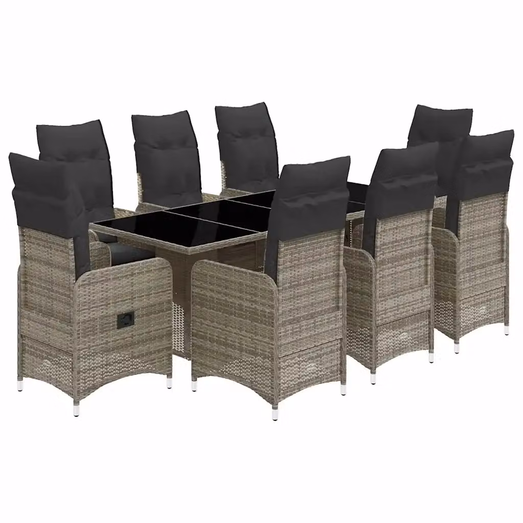 Set Bistrò da Giardino vidaXL in Polyrattan Grigio con Cuscini e Tavolo in Vetro, 9 Pezzi – 2