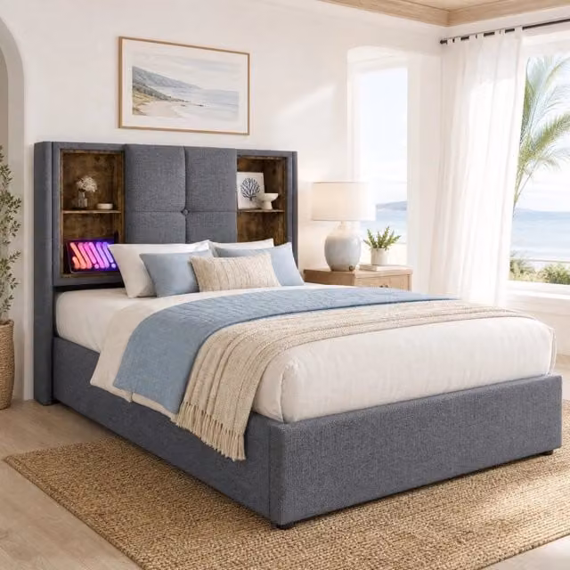 Letto Singolo 90x200 cm con Ricarica Wireless, Telaio Imbottito Grigio in Cotone con Contenitore e Rete in Legno