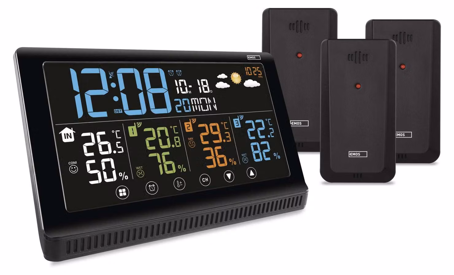 Stazione meteorologica wireless EMOS con 3 sensori esterni e porta USB, termometro, igrometro, previsioni, display comfort, supporto/supporto a parete, alimentatore, E8614