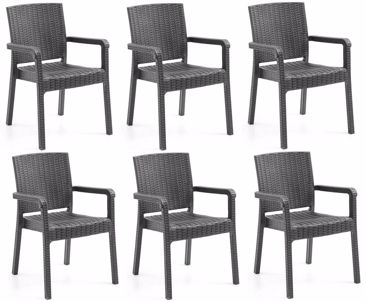 6 sedie con schienale confortevole e braccioli, disponibili nei colori nero, marrone, antracite e cappuccino