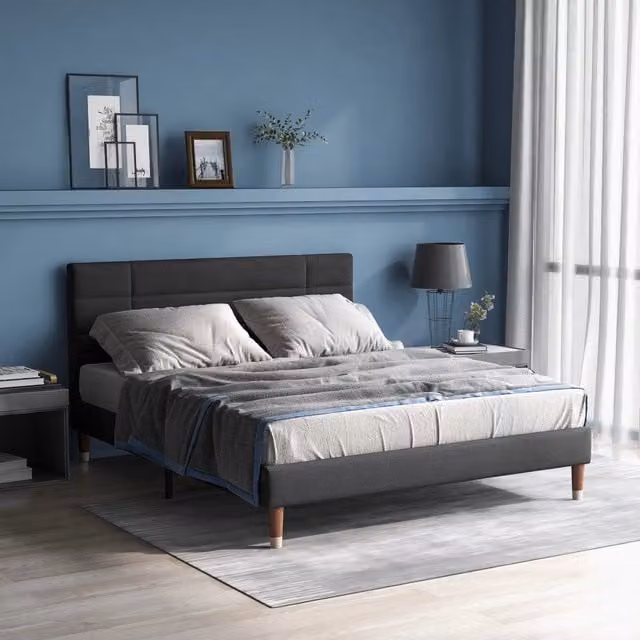 Letto matrimoniale WISHDOR in tessuto grigio con rete a doghe e materasso 7 zone L/P: 140 x 200 cm