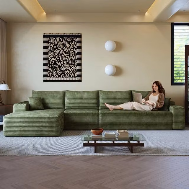 Divano angolare modulare 340 cm a L con chaise longue, 4 posti, rivestimento in velluto a coste, verde