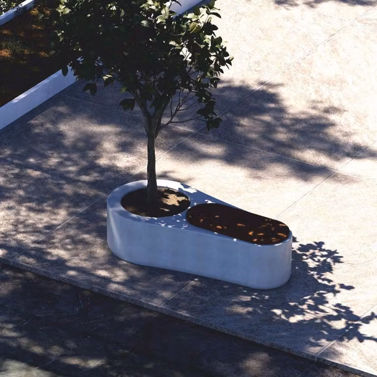 Panca da giardino in cemento "Casa Padrino", con vaso integrato, bianca/marrone scuro, 145 cm