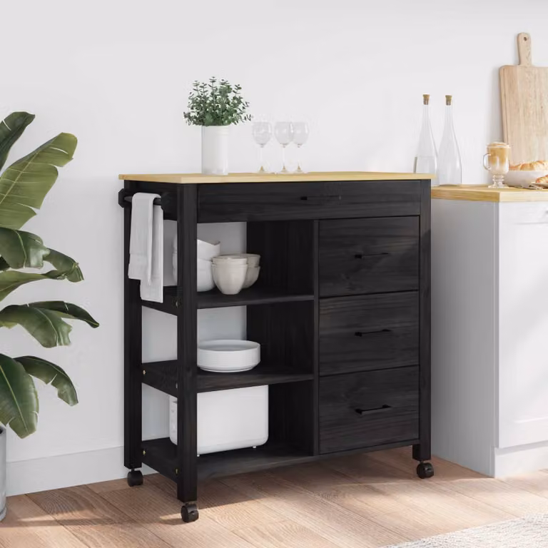 vidaXL Carrello da Cucina MONZA Moderno in Legno di Pino Nero L: 84 cm, P: 40 cm, H: 88,5 cm