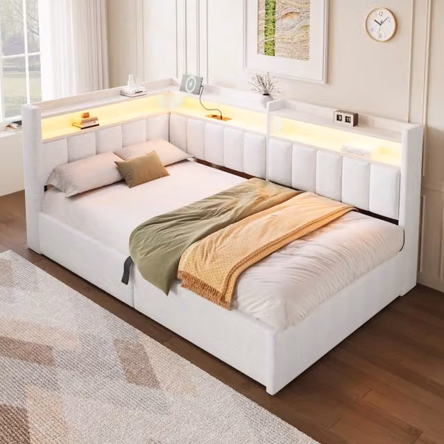 Letto contenitore 90 x 200 cm con contenitore idraulico, LED e USB-A/Type-C, singolo imbottito in velluto bianco crema con contenitori reversibili