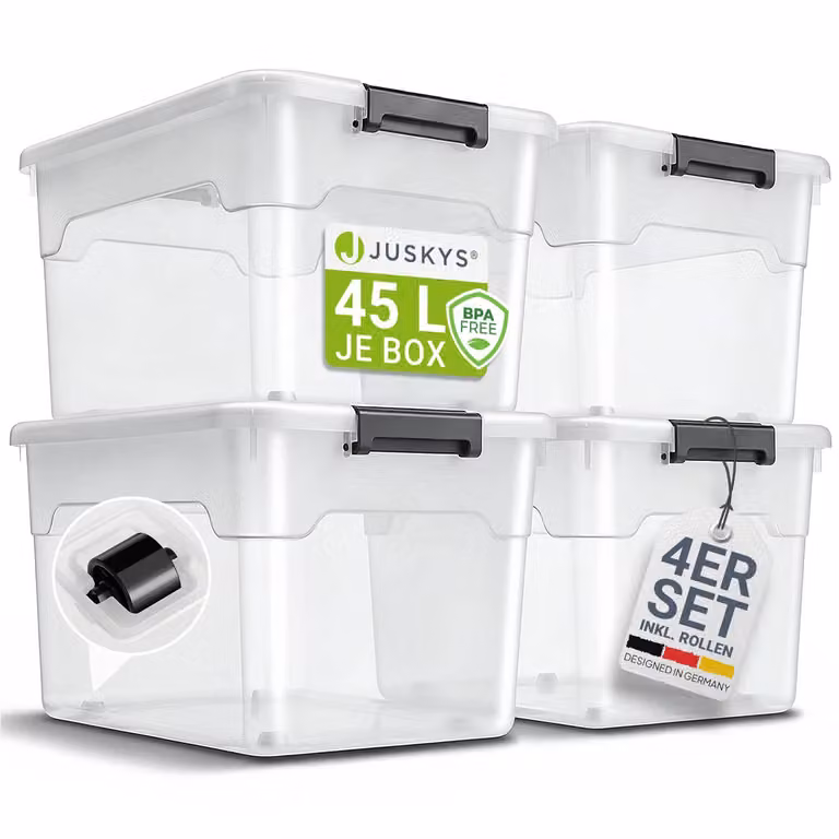 Juskys scatola di stoccaggio con coperchio - set di 4 scatole di plastica 45l - scatola grande, impilabile, trasparente - sistema di organizzazione dello stoccaggio scatole di stoccaggio