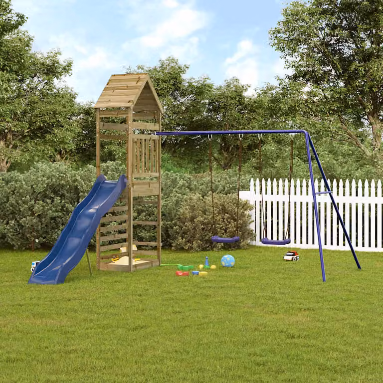 vidaXL Set da Gioco da Esterno in Legno di Pino con Scivolo, Altalena, Sabbiera e Tenda Multicolore